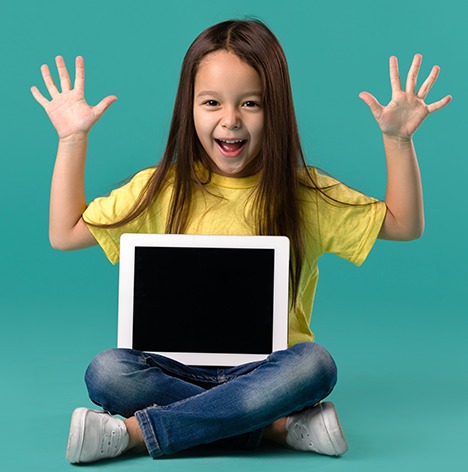 young girl with ipad